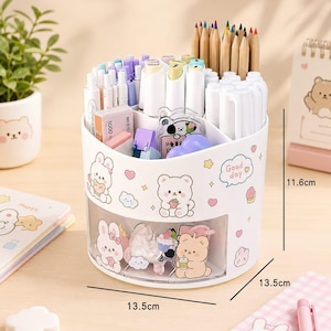 Rotating Desk Organizer, Kawaii Stationery Holder with Drawer, Pastel Classroom Decor