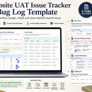 May include: A laptop displays a Website UAT Issue Tracker & Bug Log Template. The screen shows a dashboard and issue tracker with data. The image includes the text "5 Tabs Included" and "Built for real website launches."