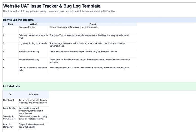 Testing Bug Log Website Bug Tracker Template | UAT Issue Log & QA Testing Spreadsheet ...