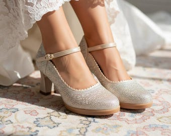 Champagne Wedding Heels | Sparkling Crystal Bridal Shoes | Rhinestone Mary Jane Heel | Bridal Block Heel | Glitter Wedding Shoes for Bride