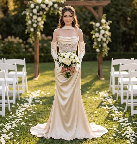 gold bodice wedding dress | Modern Bridal Gown | Satin Mermaid | Off The Shoulder cf-color-black
