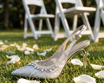 Silberne Brautschuhe | Elegante Stilettos | Metallischer Brautabsatz | Brautschuhe | Kristallverzierte Slingbacks