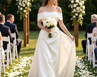 Wedding Dress | Romantic Bridal Gown | Satin | A-line | Off The Shoulder Minimalist Elegance for Modern Bride