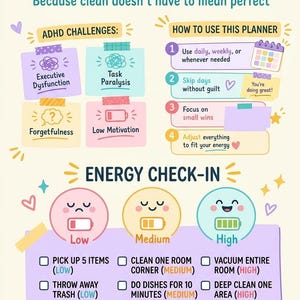 May include: A colourful cleaning planner for people with ADHD. The planner includes sections on ADHD challenges, how to use the planner, and an energy check-in with cleaning tasks. The text includes "Gentle Cleaning Planner" and "Define it YOUR way!"