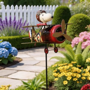 2D Flying Ace of the Dog Biplane Windmill - Metal Garden Windmill, Quirky Patio Artwork, Garden and Courtyard Ornament