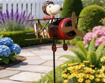Molino de viento biplano 2D "As de la aviación canina" - Molino de viento de metal para jardín, original adorno para patio o jardín.