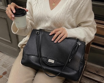 Large Maxi Flap Top Grain Leather Hobo Designer Dupe Bag- Black Slouchy Shoulder Tote Bag-Armpit Bag-Lock Buckle Work Handbag-Gift for Her