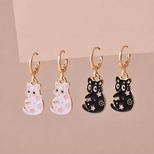 Enamel Cat Huggie Hoop Earrings • Pastel Starry Kitten Dangle Jewelry