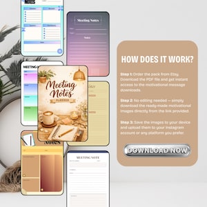 Könnte beinhalten: Eine Sammlung digitaler Meeting-Notizplaner mit verschiedenen Designs. Der zentrale Planer zeigt eine Kaffeetasse, einen Bleistift und den Text "Meeting Notes Planner". Eine beige Grafik erklärt, wie man die Planer herunterlädt.