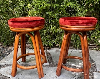 1950s Arched Rattan Stools, Counter Height (Pair)