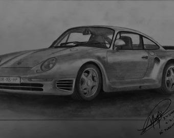 Dibujo a lápiz de un coche clásico y vintage de los años 80 / Boceto realista de un coche / Arte a grafito hecho a mano por KhishenWorks