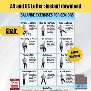 Könnte beinhalten: Ein digitales Übungsplakat mit dem Titel Balance Exercises for Seniors, das zwölf illustrierte Bewegungsabläufe zeigt, darunter Single-Leg Stand, Heel-to-Toe Walk, Side Leg Raise, Marching in Place, Sit-to-Stand, Tandem Stand, Weight Shift, Calf Raises, Toe Raises, Standing Reach, Side Step und Clock Reach.