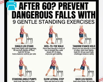 Esercizi di equilibrio per anziani stampabili, tabella di allenamento per la stabilità e la prevenzione delle cadute, poster di fitness delicato per anziani, fisioterapia digitale Do