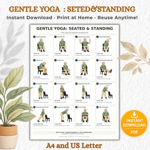 May include: A digital chart titled GENTLE YOGA: SEATED & STANDING featuring sixteen numbered illustrations of a person in a green shirt and tan pants performing various yoga poses using a chair, with text instructions for each movement.