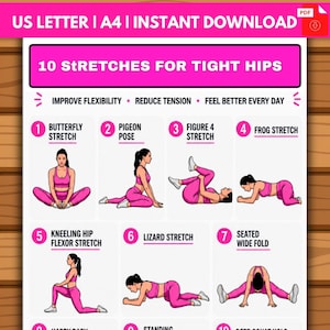 10 Hip Stretches Poster, Flexibility Routine, Hip Flexor Exercises (Digital Download)