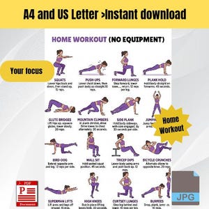 Könnte beinhalten: Ein digitaler Trainingsleitfaden für zu Hause mit Illustrationen von Übungen wie Kniebeugen, Liegestützen, Ausfallschritten und Planks. Der Text lautet A4 and US Letter, Instant download, Home Workout (No Equipment), Your focus, Home Workout.