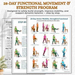 May include: A 28-day functional movement and strength program guide for seniors. The document features illustrated exercises including sit-to-stands, squats, knee extensions, heel raises, marching, step-taps, side steps, weight shifts, and wall push-ups.