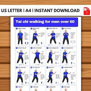 Może przedstawiać: Cyfrowa tabela instruktażowa zatytułowana Tai chi walking for men over 60, zawierająca 16 numerowanych paneli z ilustracjami osoby w niebieskim t-shircie i czarnych spodniach demonstrującej ruchy, wraz z instrukcjami tekstowymi dla każdego kroku.