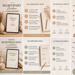Könnte beinhalten: Ein digitales Arbeitsbuch mit dem Titel "Selbstwert stärken" wird auf einem Tablet angezeigt, zusammen mit einer Vase mit getrockneten Pflanzen. Das Bild hat eine neutrale Farbpalette mit deutschem Text. Das Arbeitsbuch ist als 21-Tage-Challenge konzipiert.