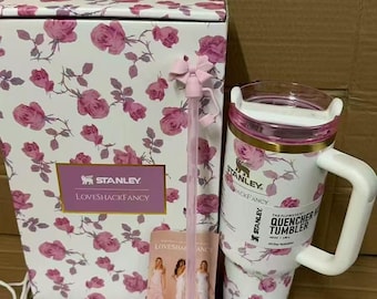 40 oz Pink Floral Tumbler with Handle, Straw, Bow Topper