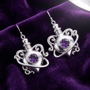 Potion Bottle Earrings, Witchy Amethyst Dangle Earrings, Celestial Silver Jewelry, Magic Gift for Her
