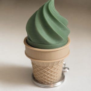 May include: A keychain featuring a sage green, swirled soft-serve ice cream top set inside a light tan, textured waffle cone base. The object is constructed with a visible 3D printed layered finish and includes a silver metal ring attachment.