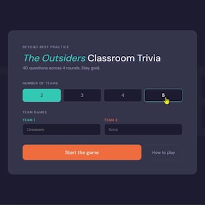 Juego de preguntas y respuestas sobre The Outsiders / HTML interactivo / 4 rondas, 40 preguntas, puntuación en directo