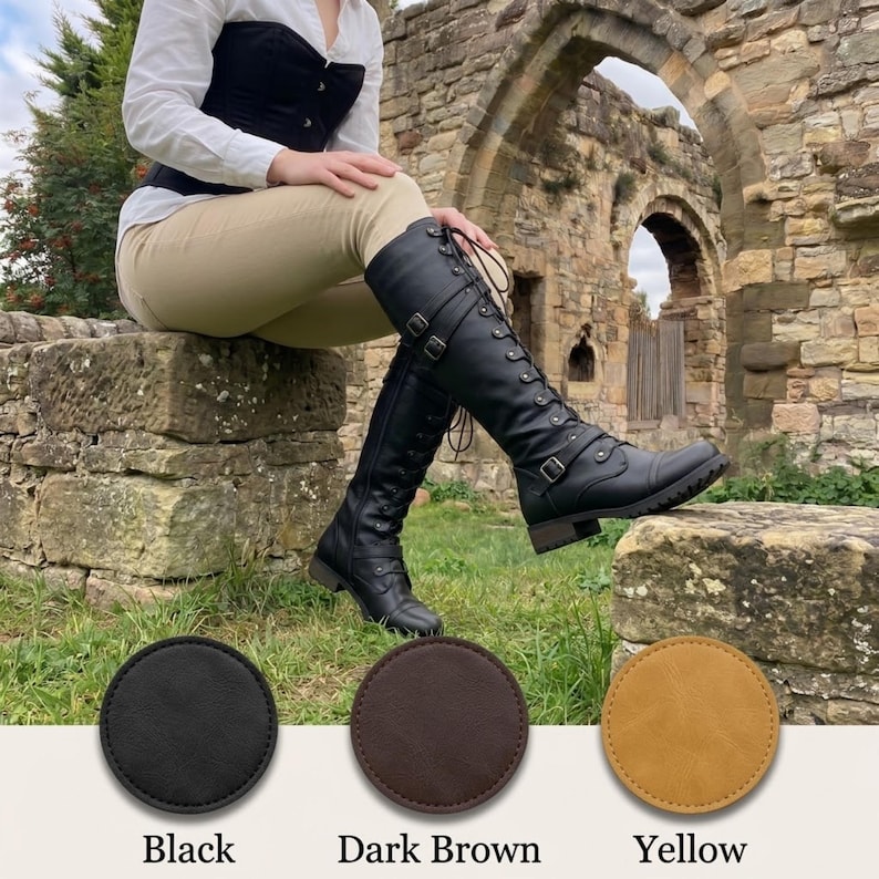 May include: Black knee-high boots featuring a lace-up front, side buckles, and a low heel. Below the boots are three circular color swatches labeled Black, Dark Brown, and Yellow, representing the available color options for this footwear.
