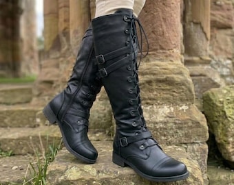 Knee High Combat Boots for Her | Halloween Lace Up Shoes for Medieval LARP Style | Buckle PU Leather Boots | Cosplay Costume