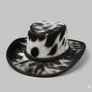 May include: Cowboy hat with a black and white spotted design. The hat has a black braided band around the crown and a black brim. The hat is made of a textured material.