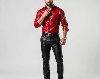 Men’s Red Genuine Leather Shirt – Slim Fit Button Down Dress Shirts for Biker & Casual Wear