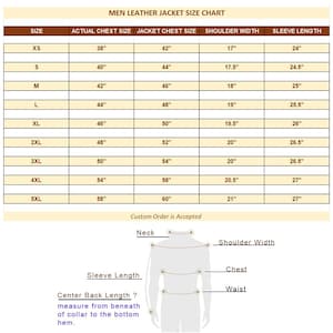 May include: A size chart for men's leather jackets, displaying measurements in inches. Includes sizes XS to 5XL, with corresponding actual chest, jacket chest, shoulder width, and sleeve length measurements. A diagram illustrates jacket measurement points.