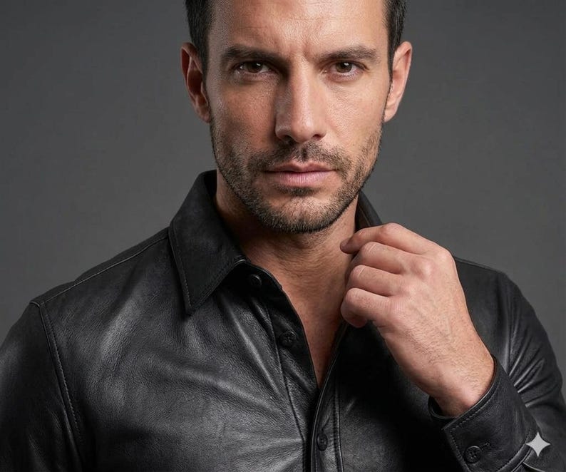 May include: A close-up portrait of a person wearing a black leather shirt with a collared neckline. The shirt is buttoned up, and the person's hand is near the collar. The background is a solid gray.