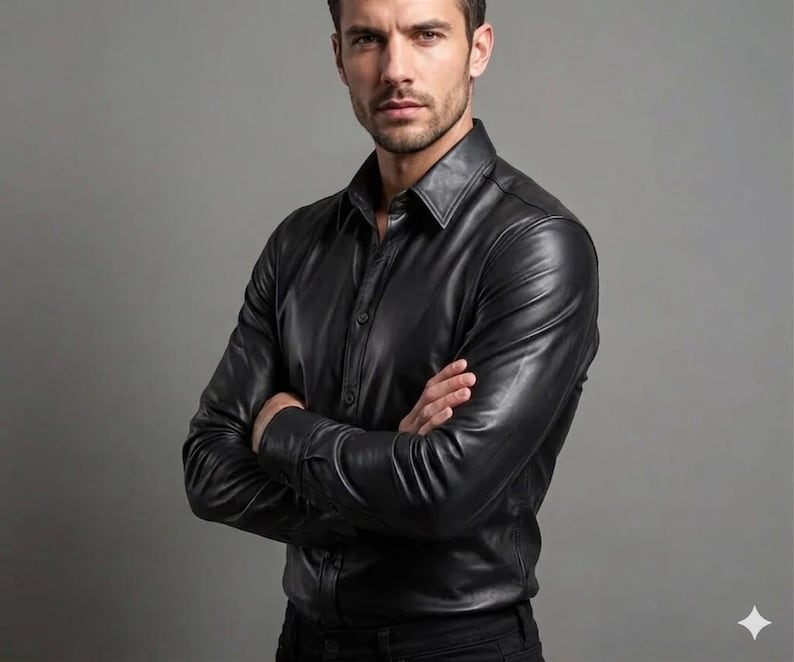 May include: A black leather button-down shirt with a classic collar. The long-sleeved shirt has a tailored fit and is buttoned up. The model in the image has their arms crossed.