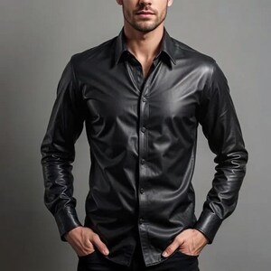May include: A black leather button-down shirt with long sleeves. The shirt has a classic collar and buttoned cuffs. The leather appears smooth and shiny, reflecting the light. The shirt is a solid black color.