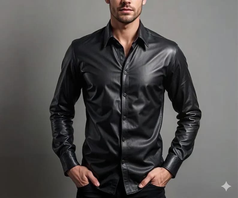 May include: A black leather button-down shirt with long sleeves. The shirt has a classic collar and buttoned cuffs. The leather appears smooth and shiny, reflecting the light. The shirt is a solid black color.