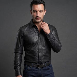 May include: A black leather shirt with long sleeves and a button-down front. The shirt is paired with blue jeans and a black belt. The model is wearing the shirt and looking at the camera.