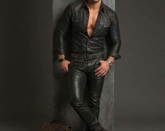 Men's Genuine Black Leather Shirt- Handmade Slim-Fit Long Sleeve Western Style Shirts