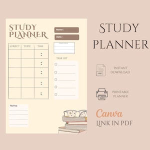 Puede incluir: Un planificador de estudio imprimible con fondo beige. El planificador incluye secciones para asignatura, tema, hora, una lista de tareas y notas. Las palabras "Study Planner" están en la parte superior. El planificador está disponible para descarga instantánea.