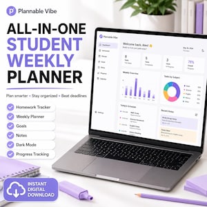 Könnte beinhalten: Ein Laptop zeigt das Plannable Vibe Wochenplaner-Dashboard für Studenten mit Aufgabenlisten, einem Balkendiagramm, einem Kreisdiagramm und einem Zeitplan. Der Text umfasst All-in-One Student Weekly Planner, Homework Tracker und Instant Digital Download.