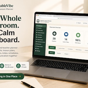 May include: A laptop displaying the PlannableVibe Teacher Lesson Planner dashboard. The screen shows classroom overview metrics including 28 students, 14 lesson plans, 96% attendance, and an A- class average, with a dark green sidebar menu.