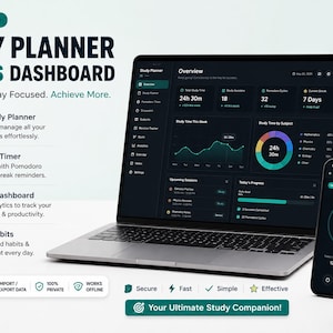 May include: A digital study planner and focus dashboard displayed on a laptop screen and a smartphone. The interface features dark mode analytics, a Pomodoro timer, progress charts, and goal tracking. Text includes Study Planner & Focus Dashboard.
