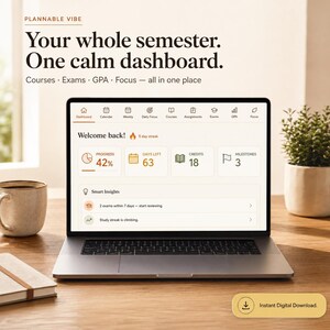May include: A laptop screen displays a digital student dashboard titled Plannable Vibe with the text Your whole semester. One calm dashboard. Courses · Exams · GPA · Focus — all in one place. The interface shows progress, days left, credits, and milestones.