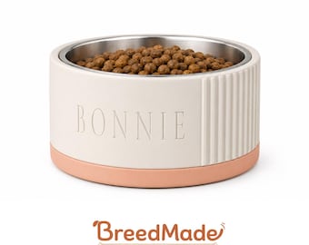 BONNIE Gepersonaliseerde moderne geribbelde voerbak | 3D-geprint PLA, roestvrijstalen inzetstuk