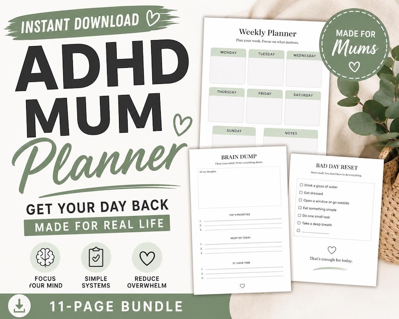 Utskrivbar mammaplanerare för ADHD | Daglig rutin och hjärndump | Överväldigande mammaorganisatör i PDF-format | Rutinschema för barn, måltidsplanerare bild 1