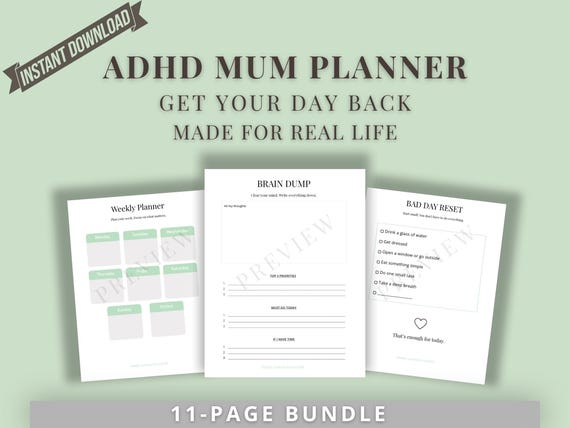 ADHD Mum Planner Printable | Daily Routine & Brain Dump | Overwhelm Mom Organizer PDF | Kids Routine Chart Meal Planner Bundle