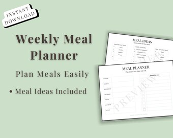 Utskrivbar veckovis matplanerare | Matidéer och inköpslista | Enkel familjematplanerare | Minimalistisk matplan PDF | Matidéer och planerare PDF