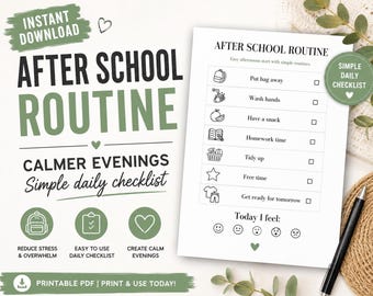 Utskrivbar rutin för barn efter skolan | Checklista för kvällsrutiner | Visuellt schema för barn | Rutinschema för barn med ADHD