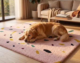 Pink Terrazzo Hand Tufted Wool Rug, Modern Abstract Confetti Area Rug, Minimalist Blush Carpet, Scandinavian Handmade Rug, Contemporary