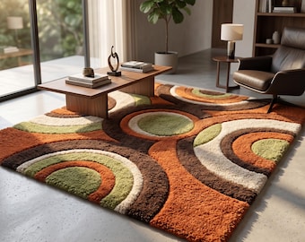 Tappeto con motivo a cerchi retrò, tappeto trapuntato in stile moderno di metà secolo, tappeto geometrico astratto, tappeto a pelo lungo fatto a mano, soggiorno di ispirazione vintage